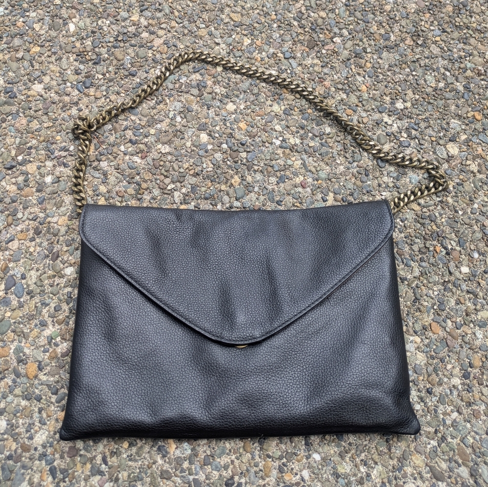 J. Crew Factory Black Leather Envelope Chain Strap Purse